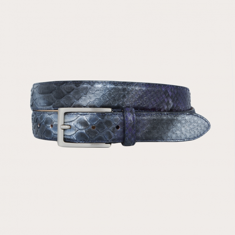 Cintura in pitone tamponata a mano con fibbia argento nickel free, blu e viola