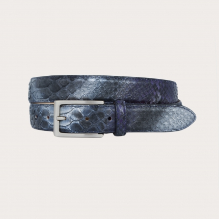 Cintura in pelle di pitone H30 tamponata a mano con fibbia satinata argento, blu e viola