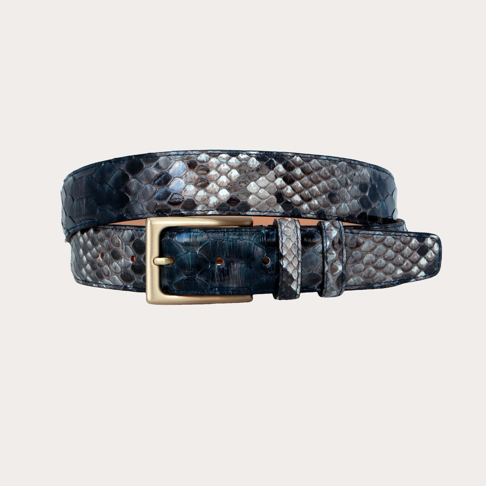 BRUCLE Hand-buffered shiny python belt with nickel free gold buckle, shades of blue and rock