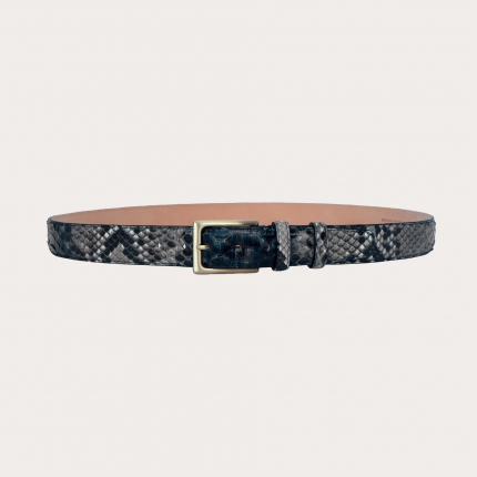 Hand-buffed H35 python leather belt with gold satin buckle, shades of blue and rock grey