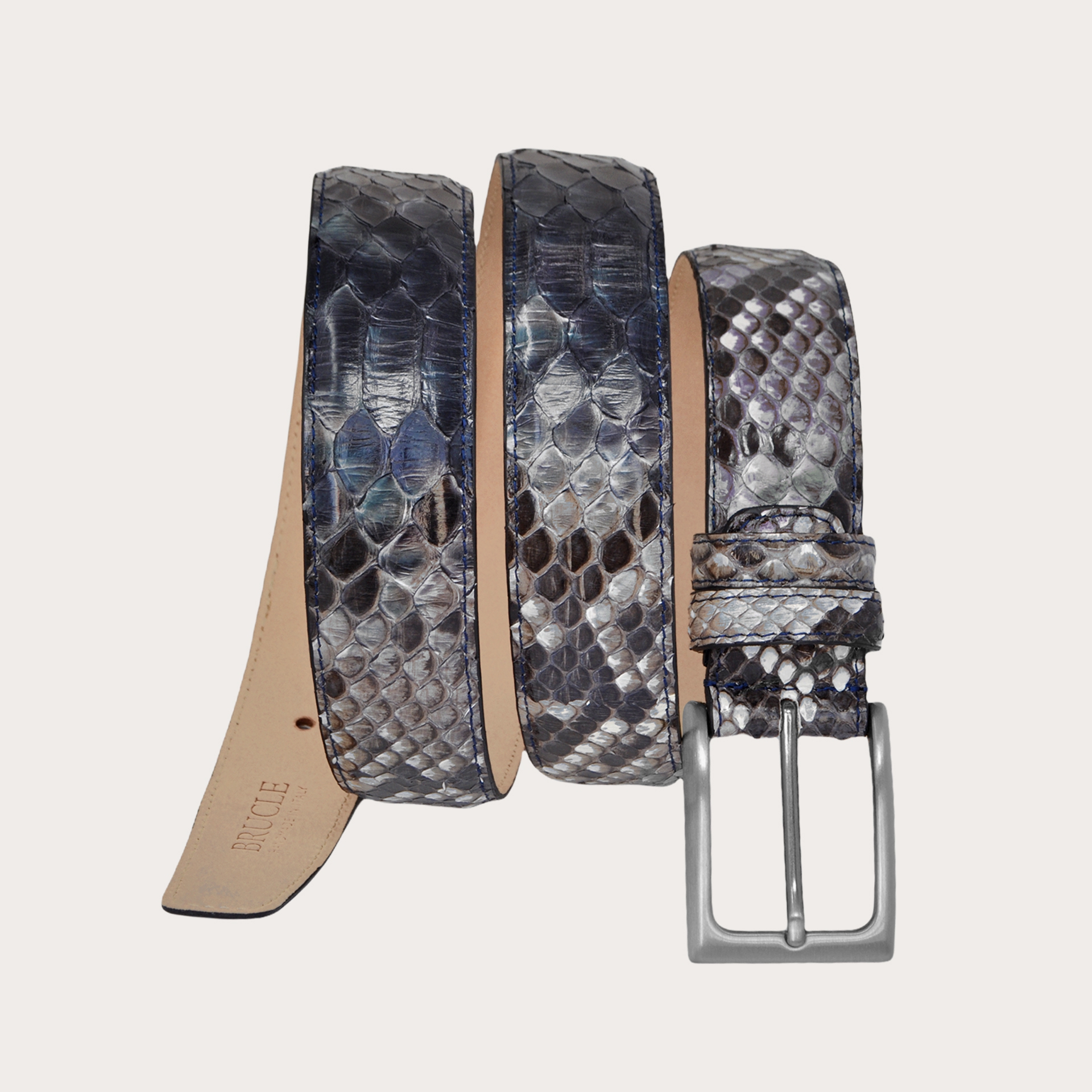 Handgepufferter H35 Pythonledergürtel mit Silber-Satinschnalle, Blautöne und Rock