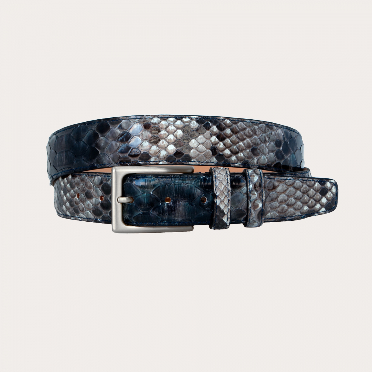 Cinturón de piel de pitón H35 tamponado a mano con hebilla de satén plata, tonos azul y rock