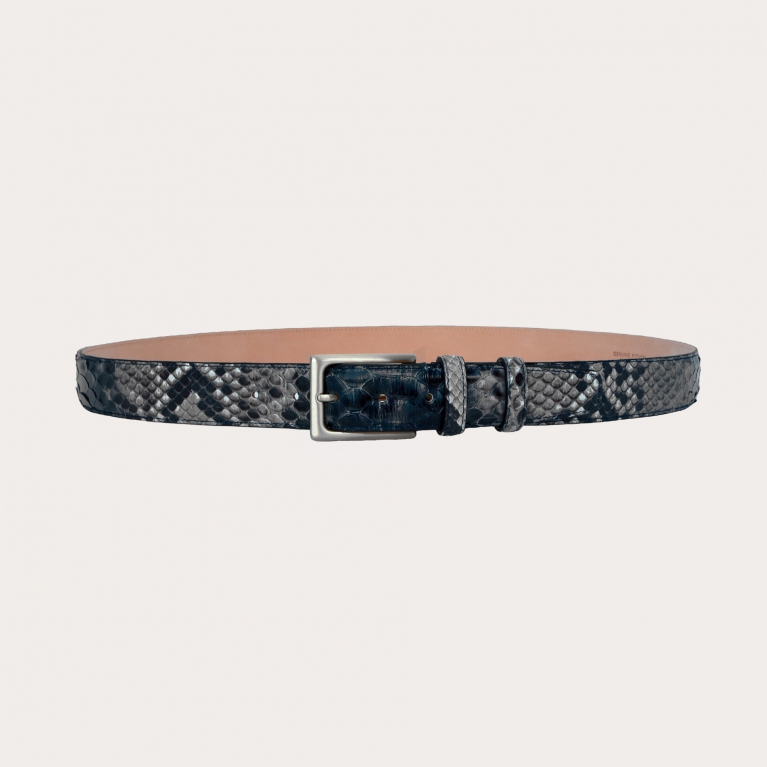 Belt in shiny python leather with nickel free buckle, rock and blue
