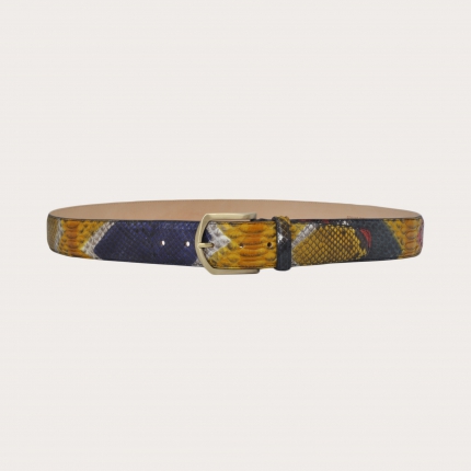 Casual belt with nickel free buckle in painted python, multicolor