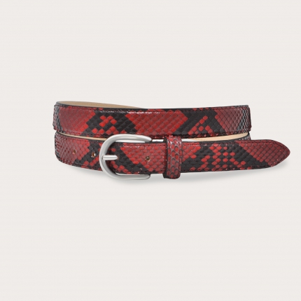 Cintura sottile in pelle di pitone lucida con fibbia satinata, rosso