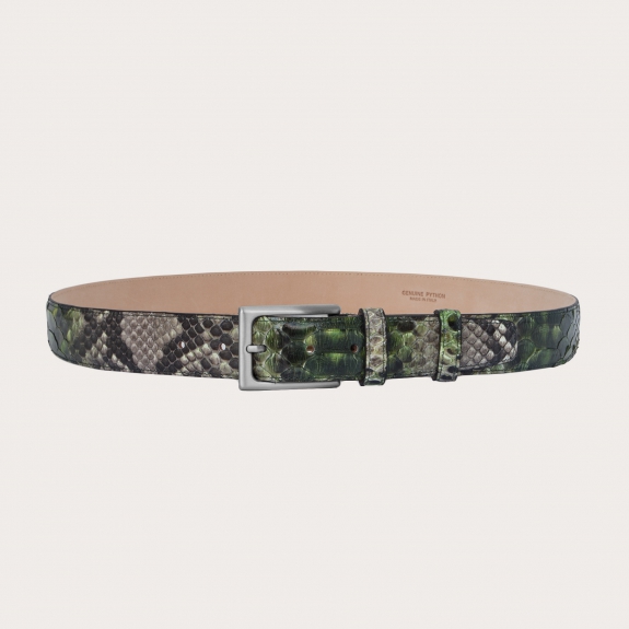 BRUCLE Hand-buffed H35 python leather belt with silver satin buckle, shades of green and mud