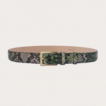 Hand-buffed H35 python leather belt with gold satin buckle, shades of green and mud