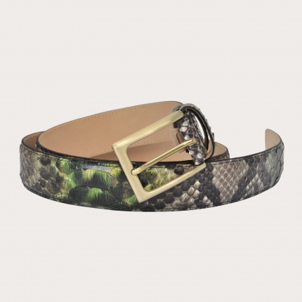 Elegant shiny belt in python with nickel free gold buckle, shades of green and rock