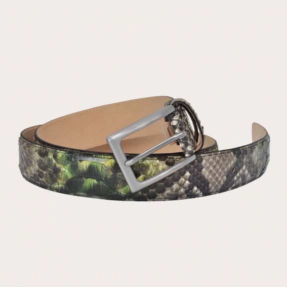 BRUCLE Ceinture en cuir de python H35 tamponné à la main avec boucle en satin argenté, nuances de vert et de boue
