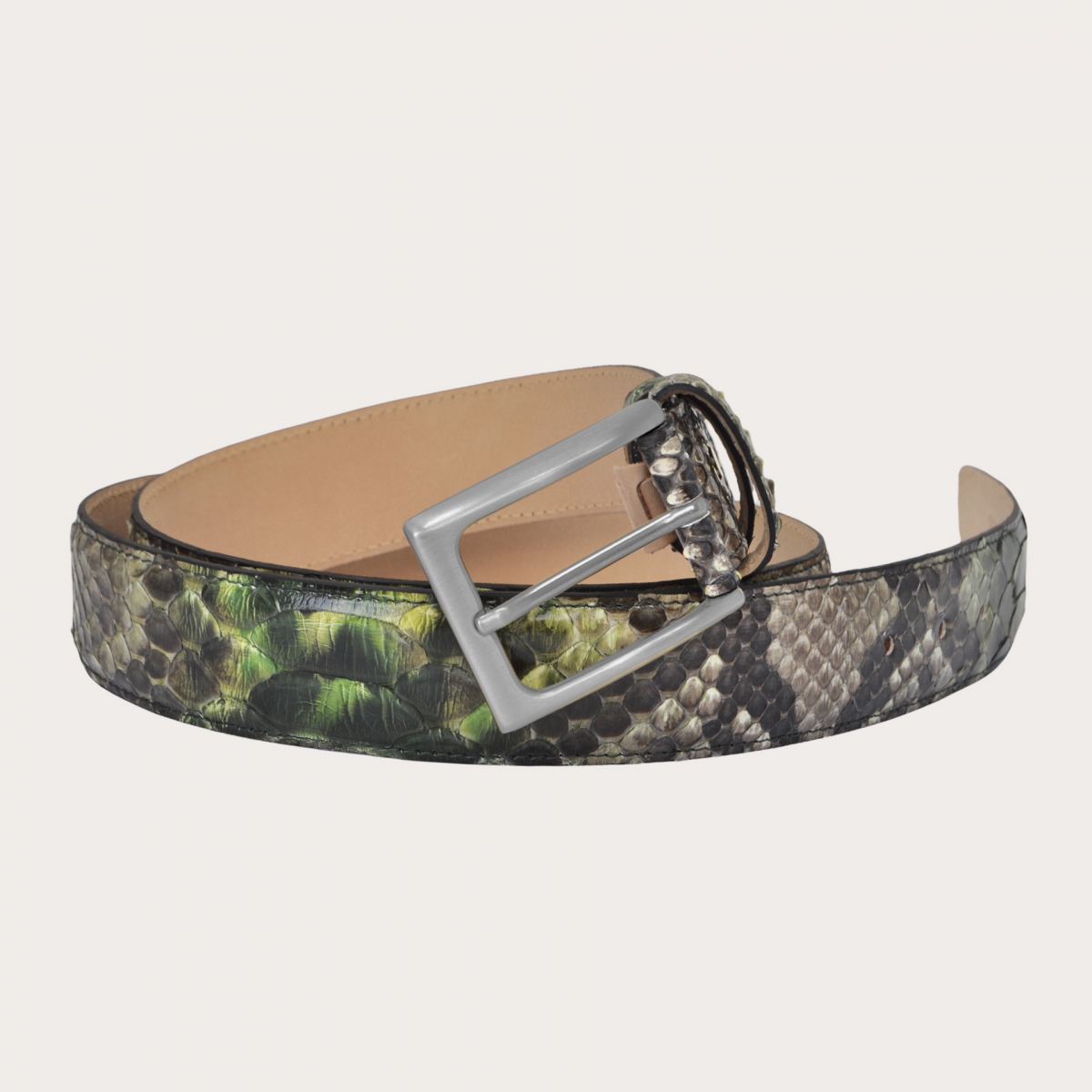BRUCLE Ceinture en cuir de python H35 tamponné à la main avec boucle en satin argenté, nuances de vert et de boue