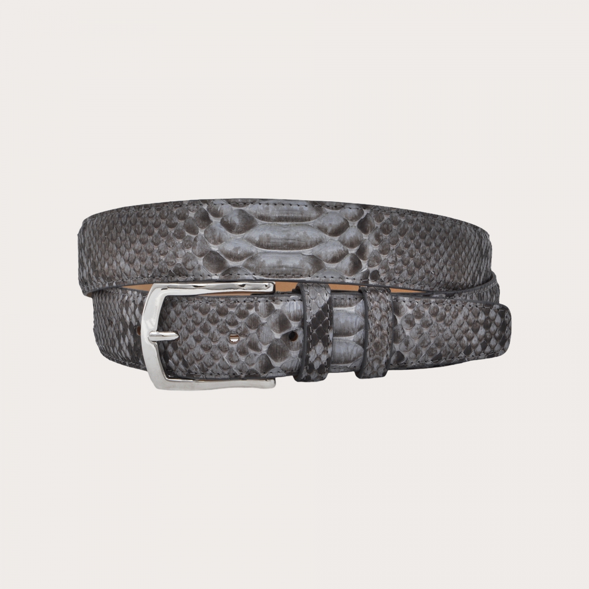 BRUCLE Cinturón de piel de pitón H35 tamponado a mano con hebilla brillante plata, dusty blue