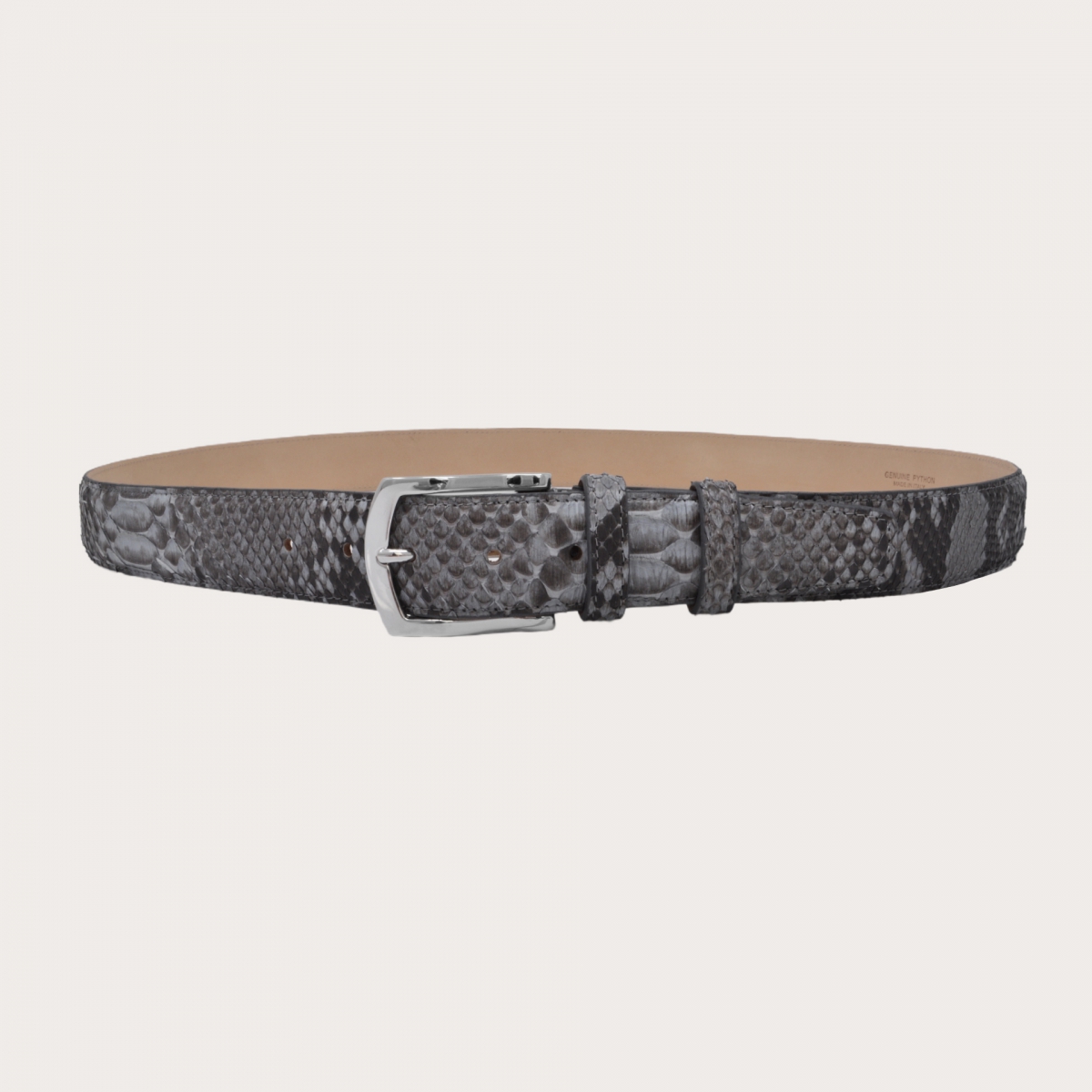 BRUCLE Hand-buffed H35 python leather belt with silver shiny buckle, dusty blue
