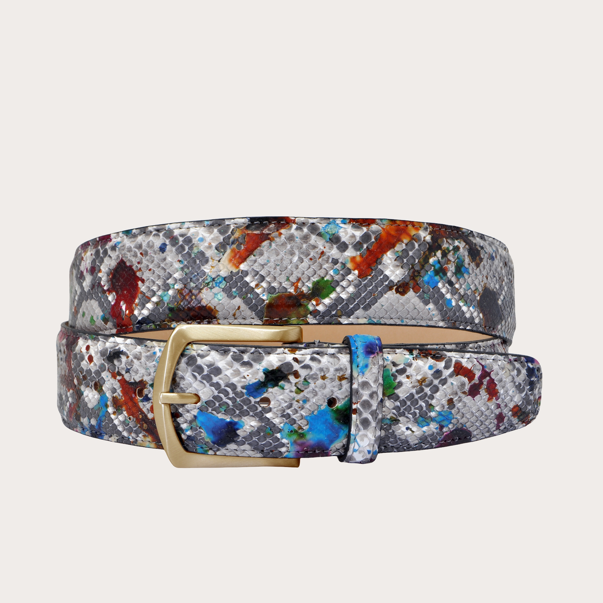 BRUCLE Color-sprayed python belt with golden nickel free buckle, multicolored "Pollock" motif