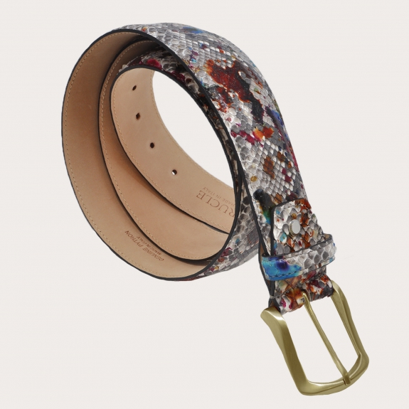 BRUCLE Color-sprayed python belt with golden nickel free buckle, multicolored "Pollock" motif