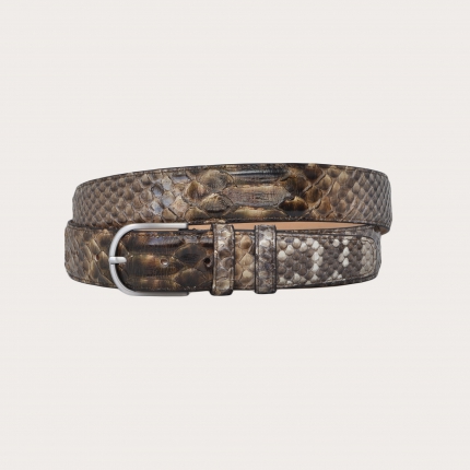 Hand-buffed H35 python leather belt with silver satin buckle, shades of brown and mud