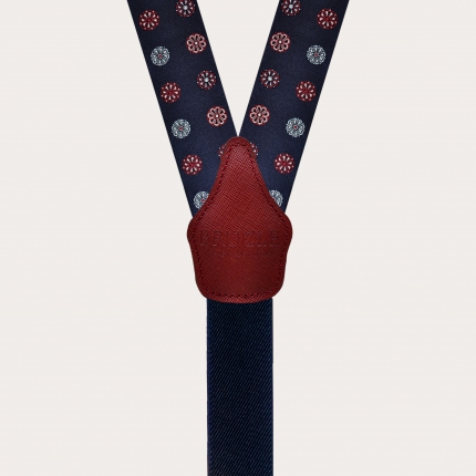 Formal Y-shape fabric suspenders in silk, blue with flowers