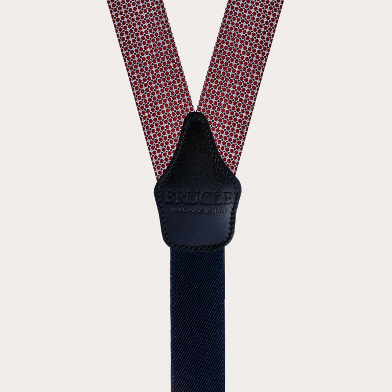Men's suspenders in silk, burgundy geometric pattern