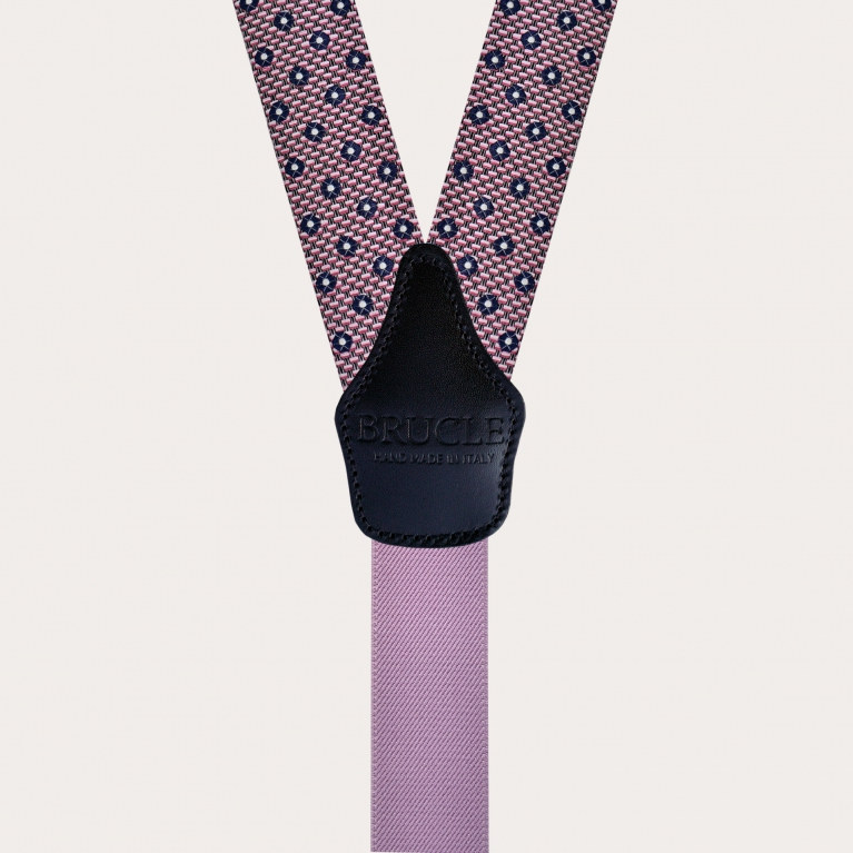 Refined suspenders in silk, blue and pink pattern