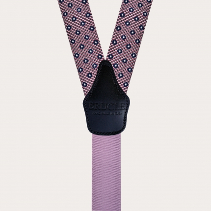 Refined suspenders in silk, blue and pink pattern