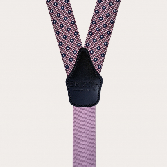 Men's suspenders in silk, pink and blue pattern