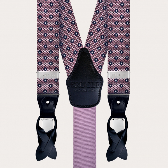 Men's suspenders in silk, pink and blue pattern