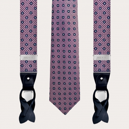 Bretelles et cravate coordonnées en soie, motif rose et bleu