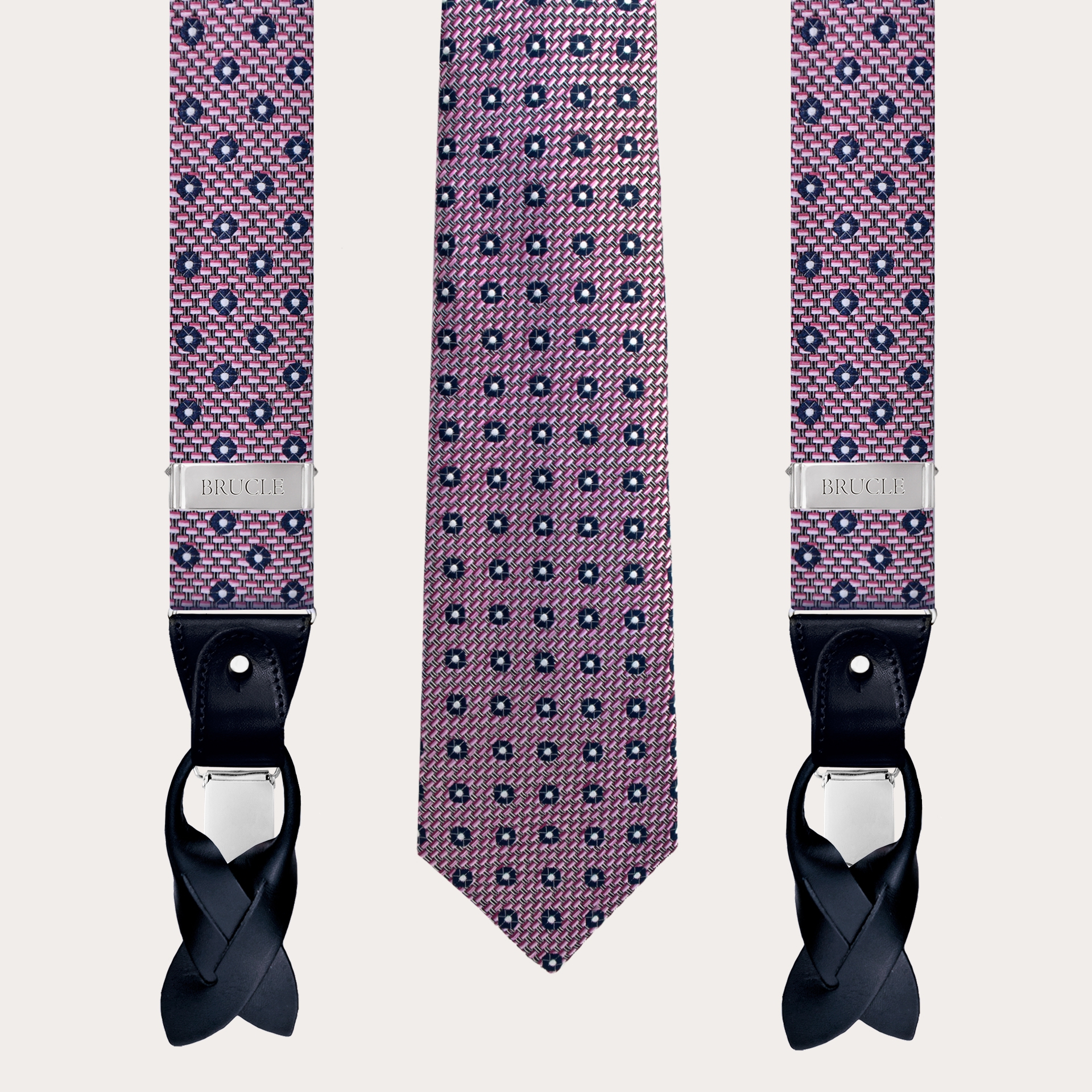 Bretelle e cravatta coordinate in seta, azzurre con bulldog francesi