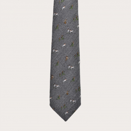 Silk and wool tie, gray with embroidered dogs and hawks
