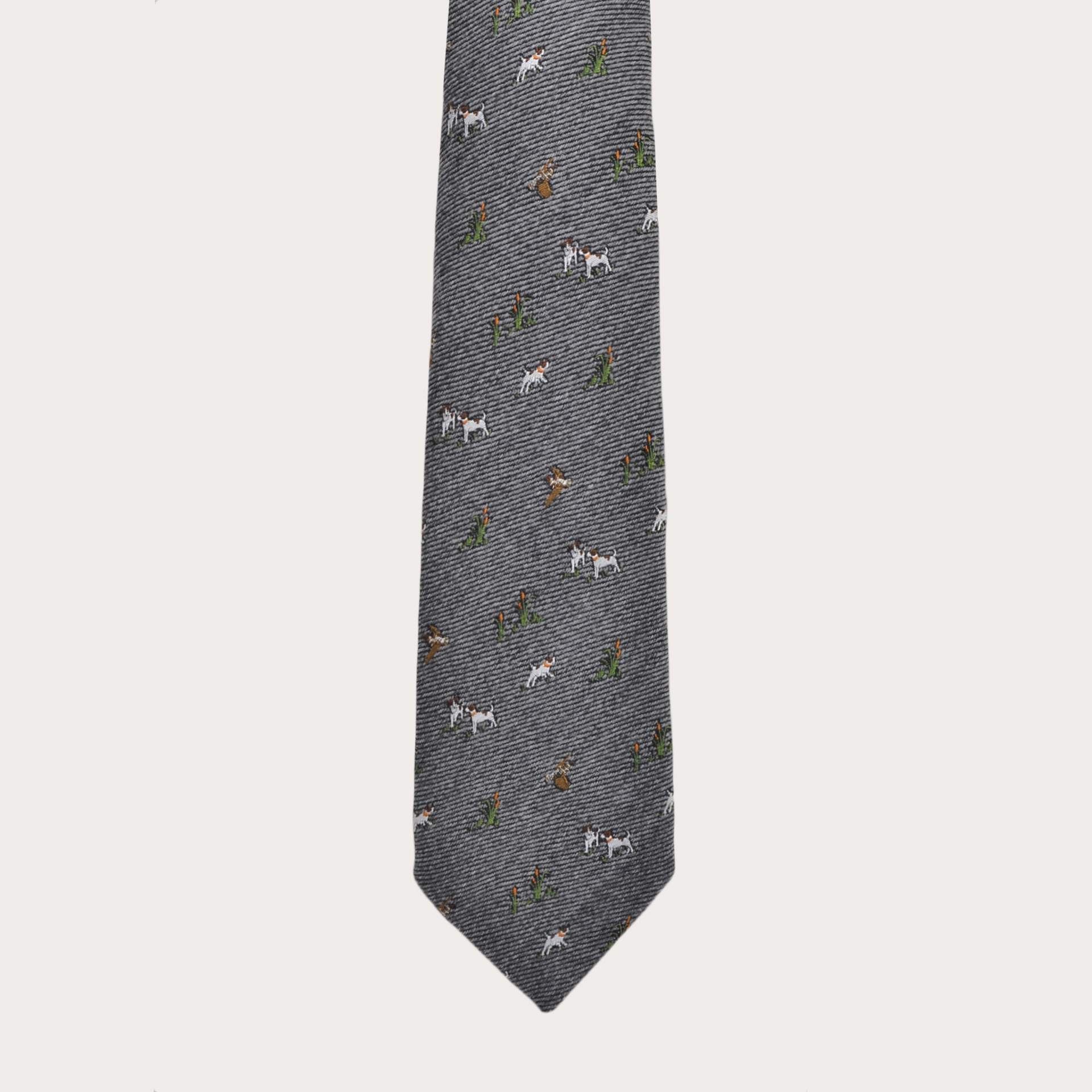 BRUCLE Krawatte aus Seide und Wolle, grau mit aufgestickten Hunden und Falken