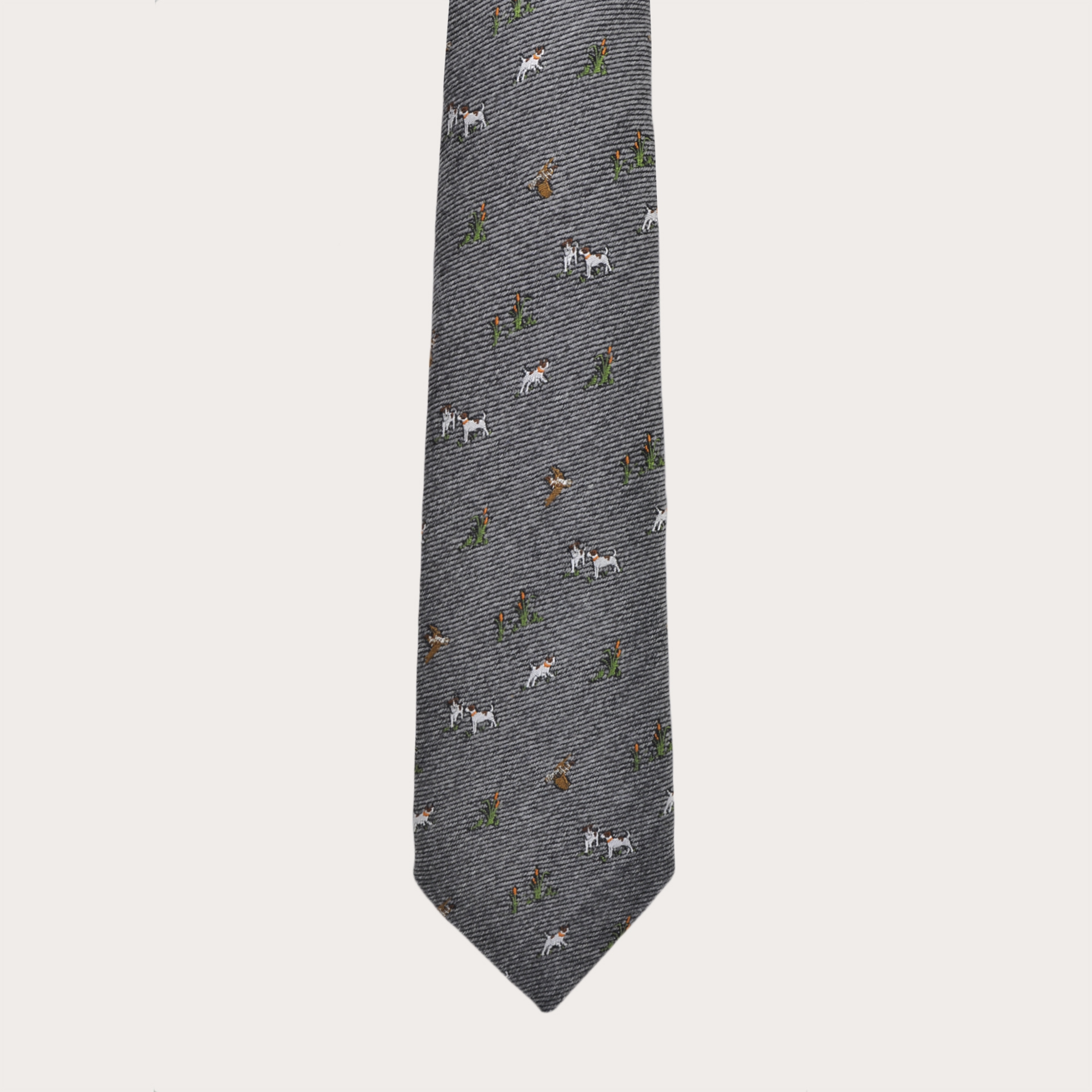 BRUCLE Silk and wool tie, gray with embroidered dogs and hawks