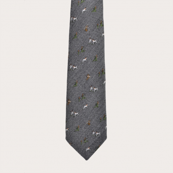 BRUCLE Silk and wool tie, gray with embroidered dogs and hawks