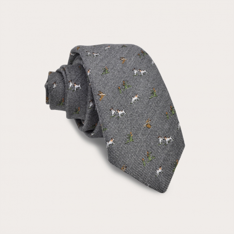 Silk and wool tie, gray with embroidered dogs and hawks