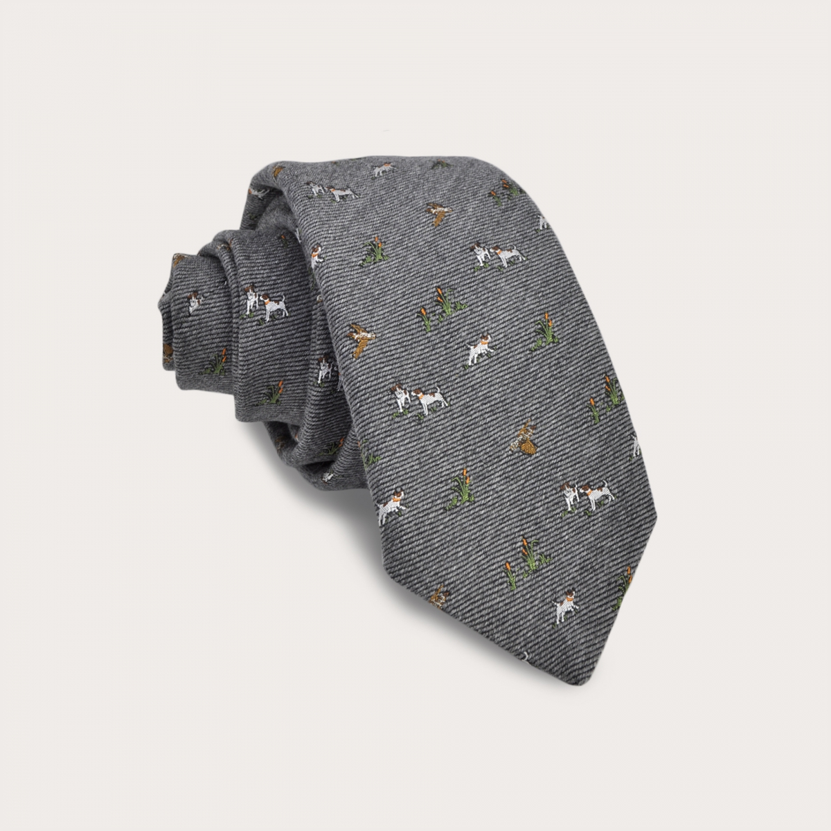 BRUCLE Silk and wool tie, gray with embroidered dogs and hawks
