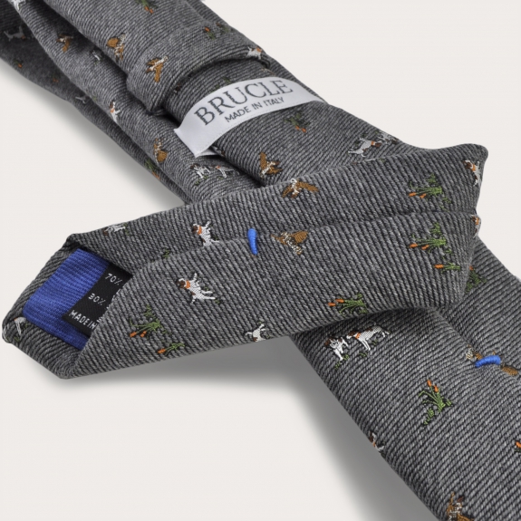 BRUCLE Silk and wool tie, gray with embroidered dogs and hawks