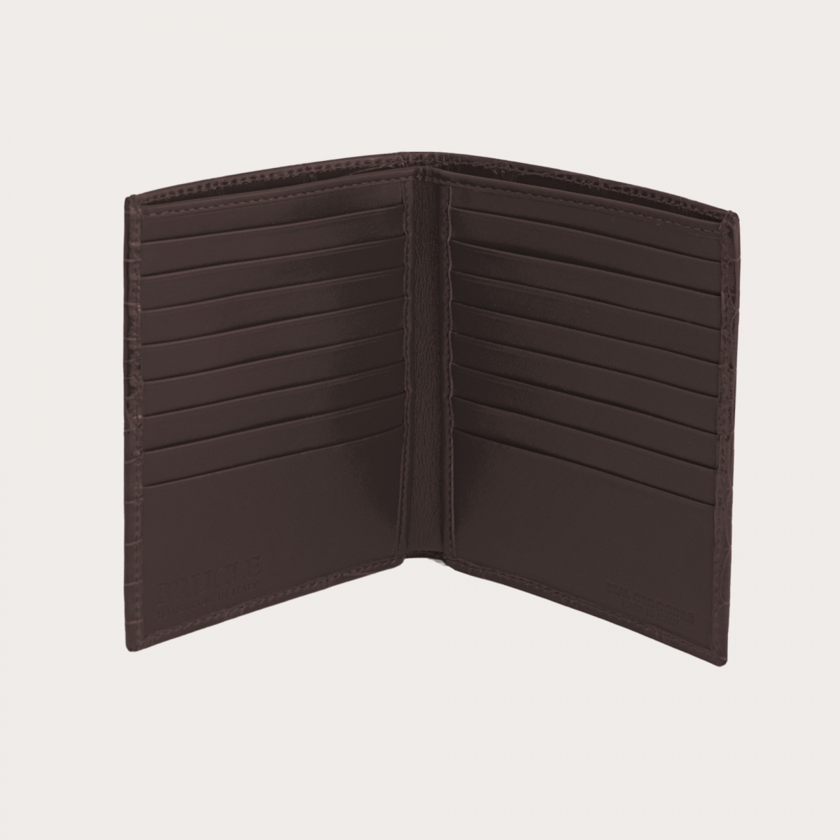 krokodilleder brieftasche, senkrecht, dunkelbraun