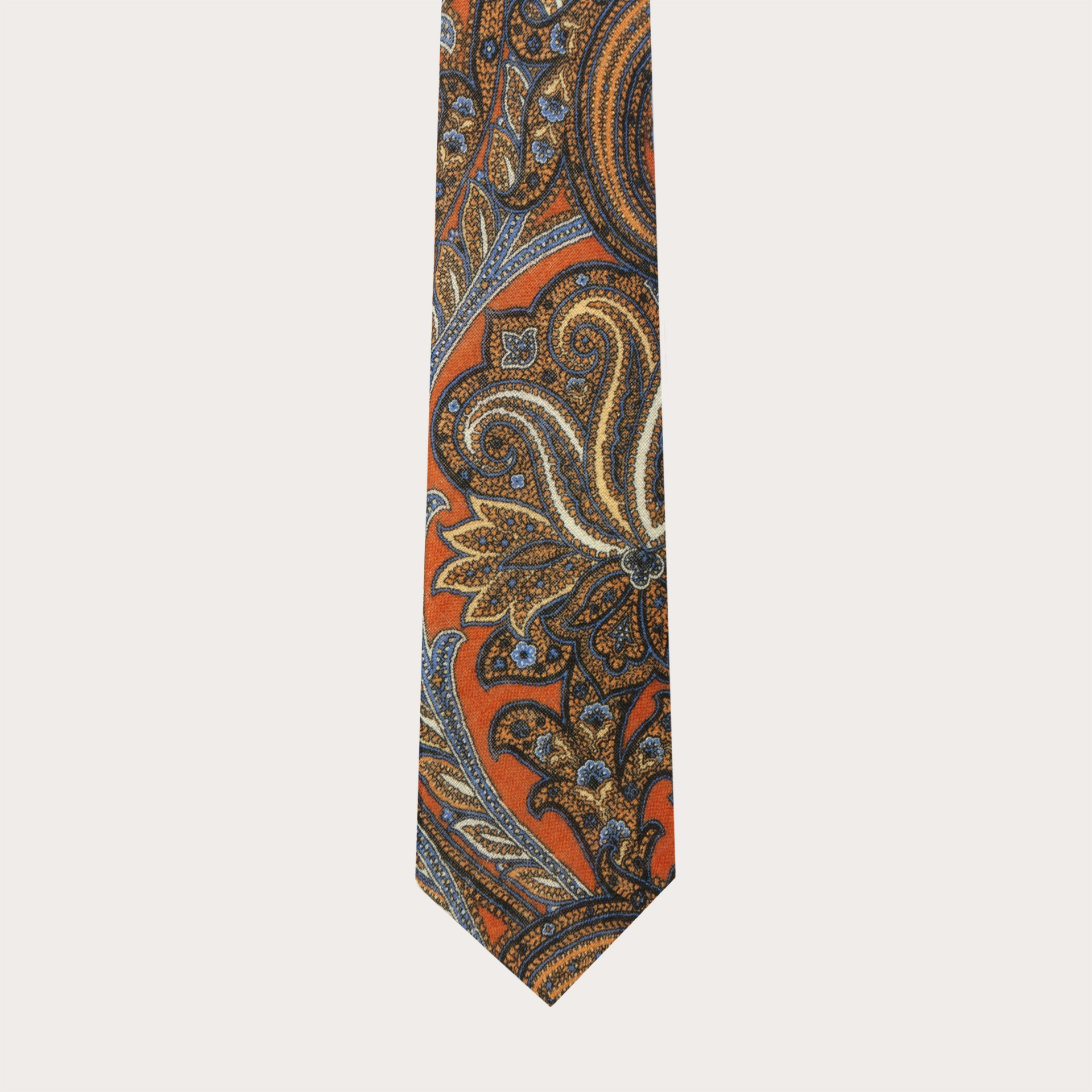 Cravate en laine, motif cachemire orange et bleu