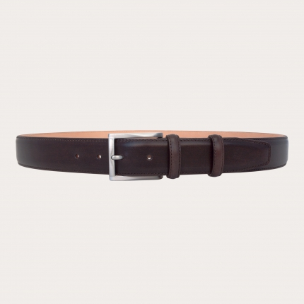 Refined formal belt in hand-buffered leather, dark brown