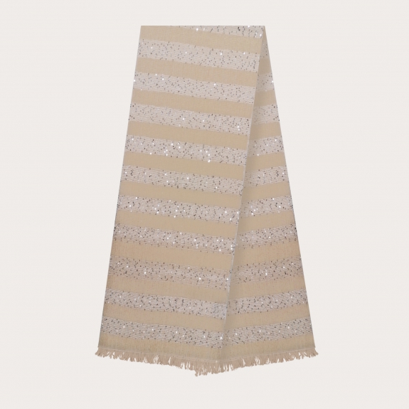 Bufanda de cachemir con bandas blancas y lentejuelas, beige claro