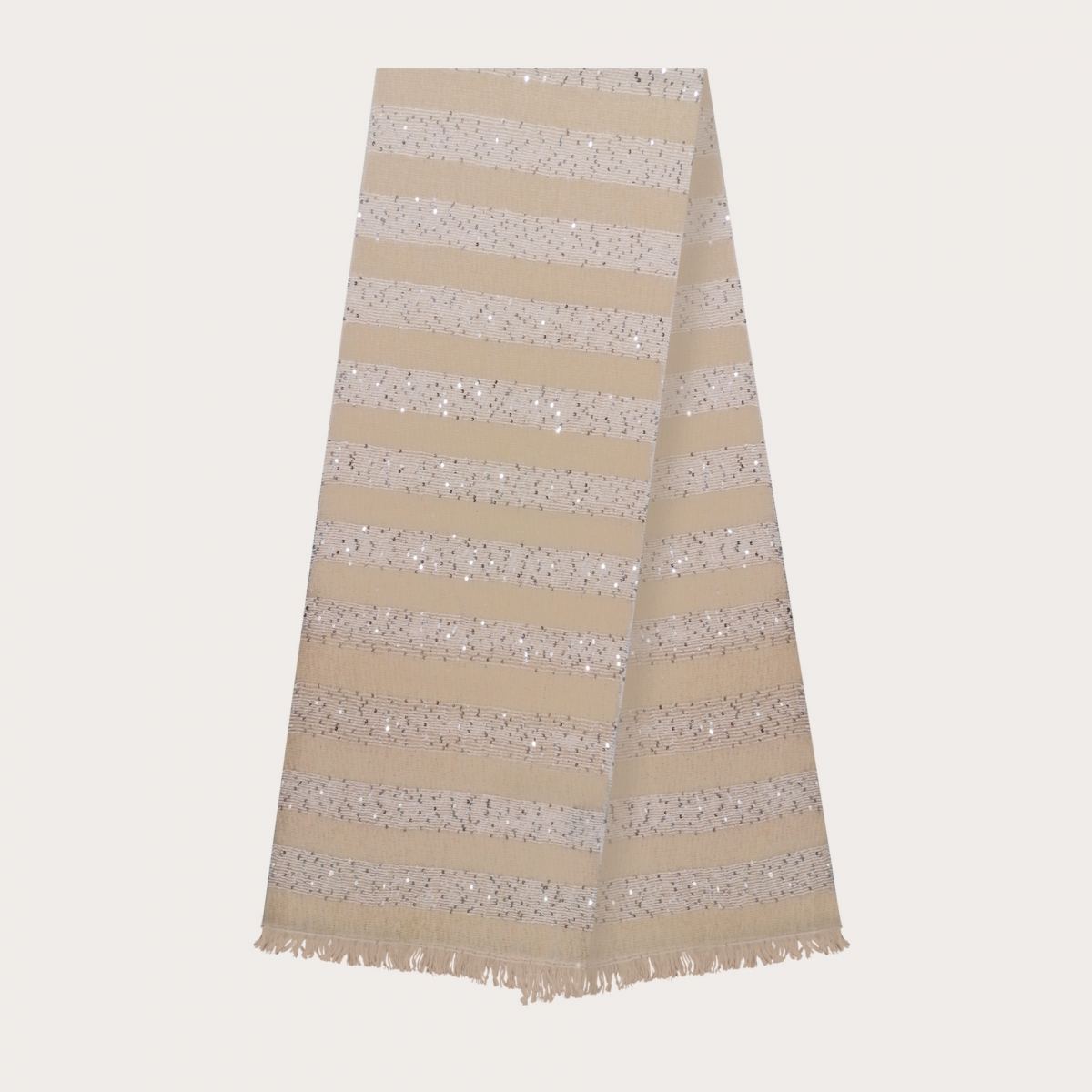 Bufanda de cachemir con bandas blancas y lentejuelas, beige claro