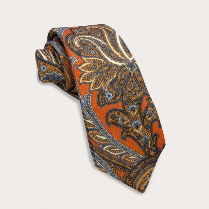 Woolen necktie, orange and blue paisley pattern