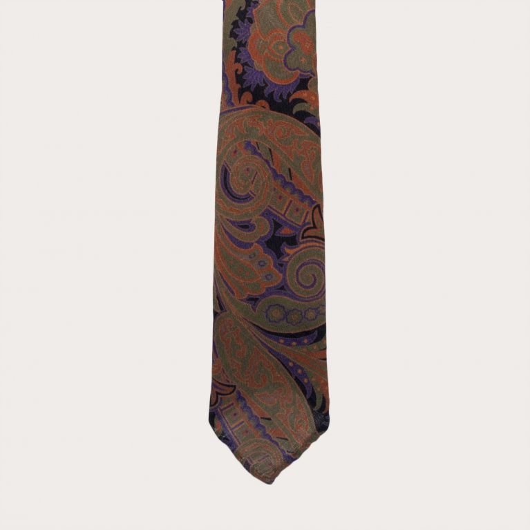 Woolen unlined necktie, orange and purple paisley pattern