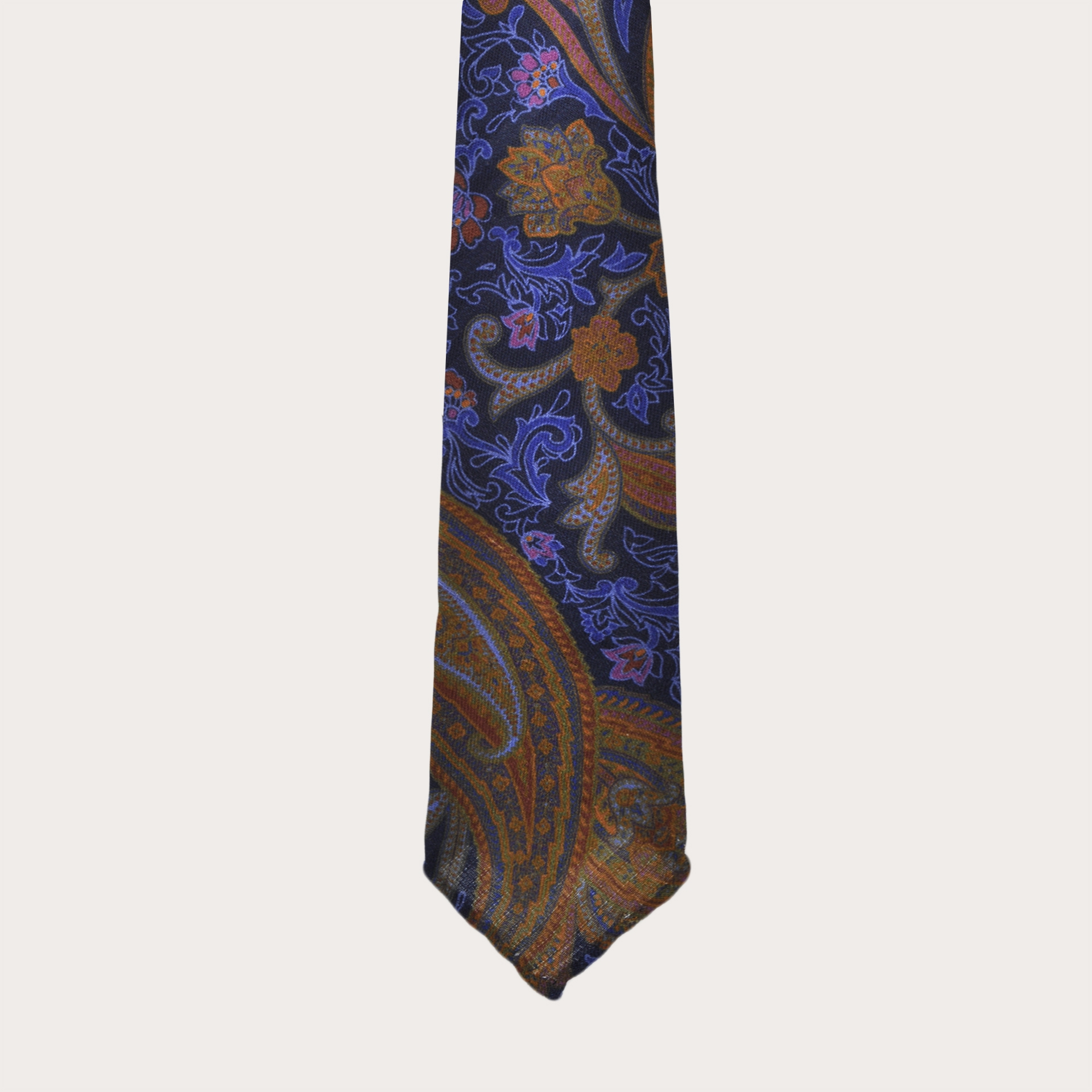 Corbata de lana, estampado paisley naranja y azul
