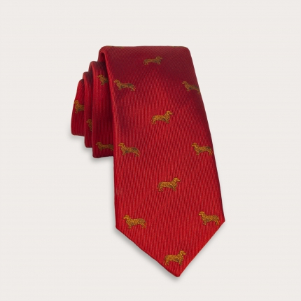 BRUCLE Cravate en soie jacquard, motif teckels rouge