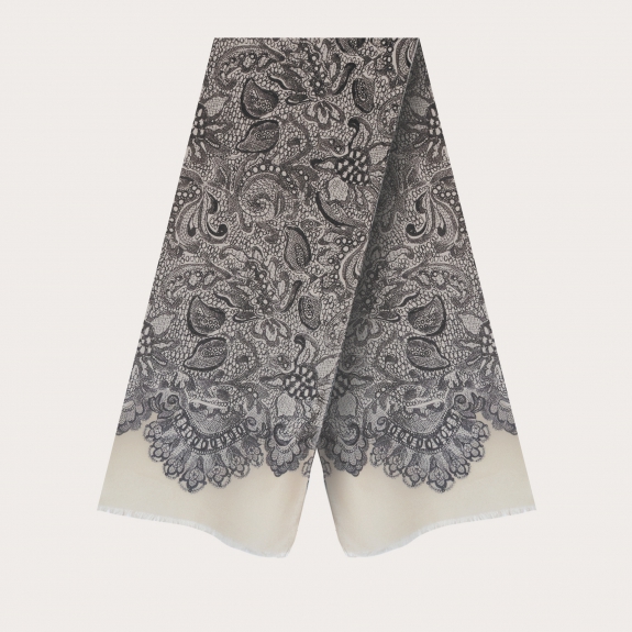 BRUCLE Foulard aus weichem Modal und Kaschmir, creme farben mit schwarz-weißen Verzierungen