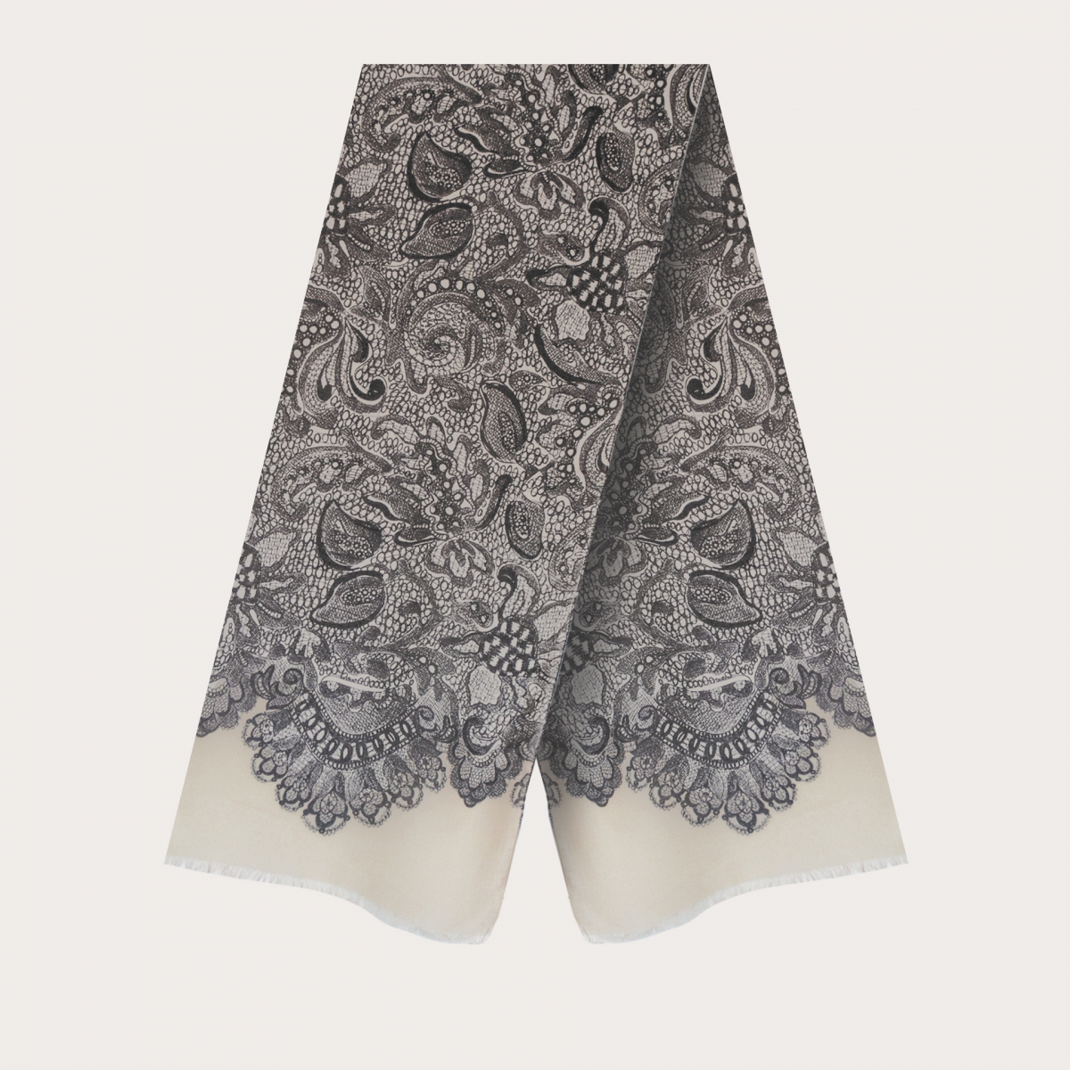BRUCLE Foulard aus weichem Modal und Kaschmir, creme farben mit schwarz-weißen Verzierungen