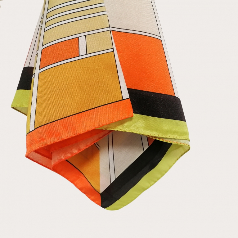 Foulard carré en soie, motif géométrique orange