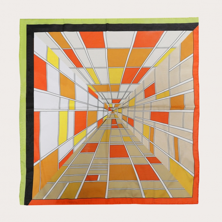 Square silk foulard, orange geometric pattern