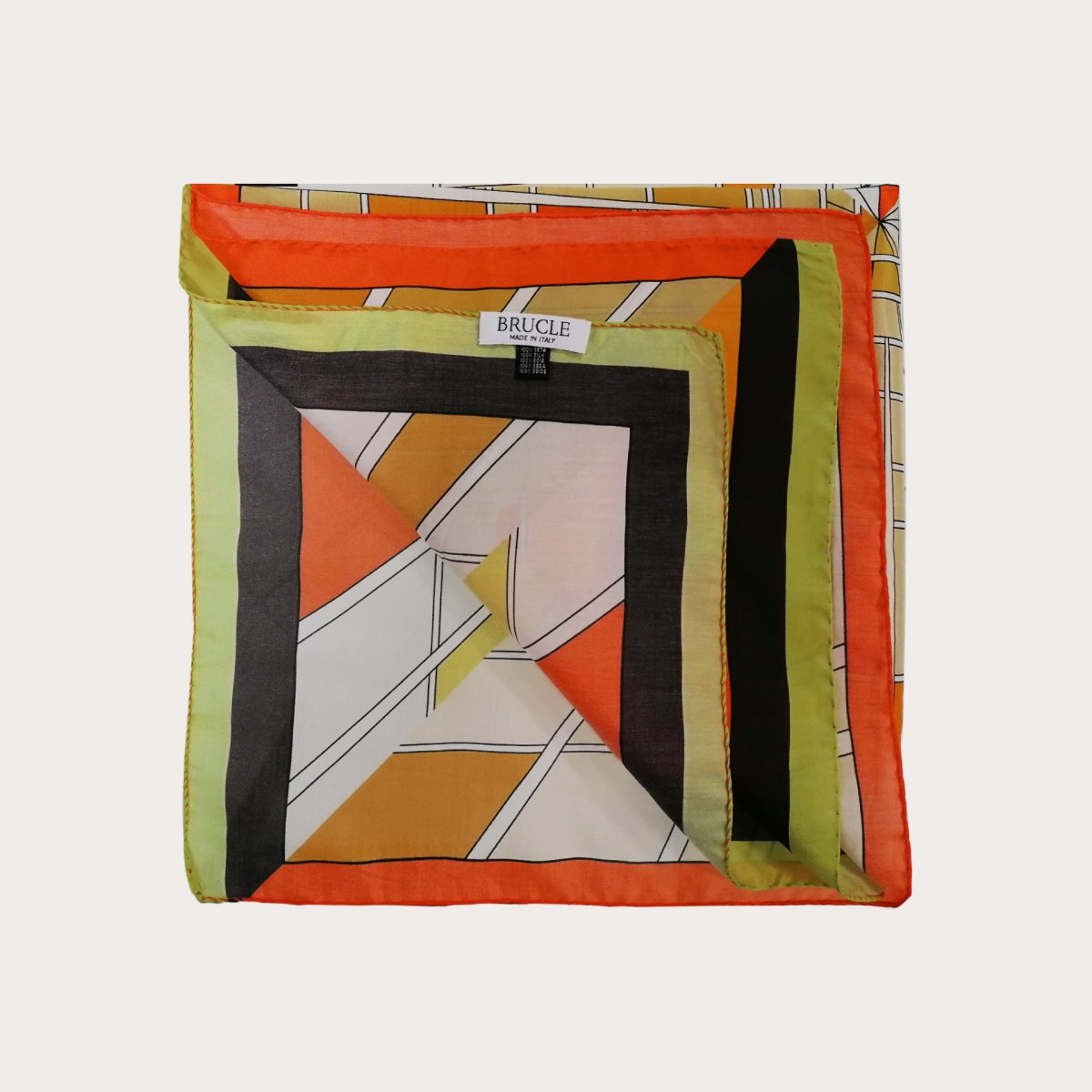 Foulard quadrato in seta, fantasia geometrica arancio