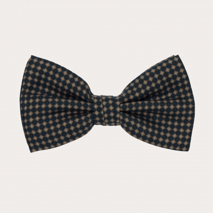 Navy blue bow tie in beige micro-patterned silk