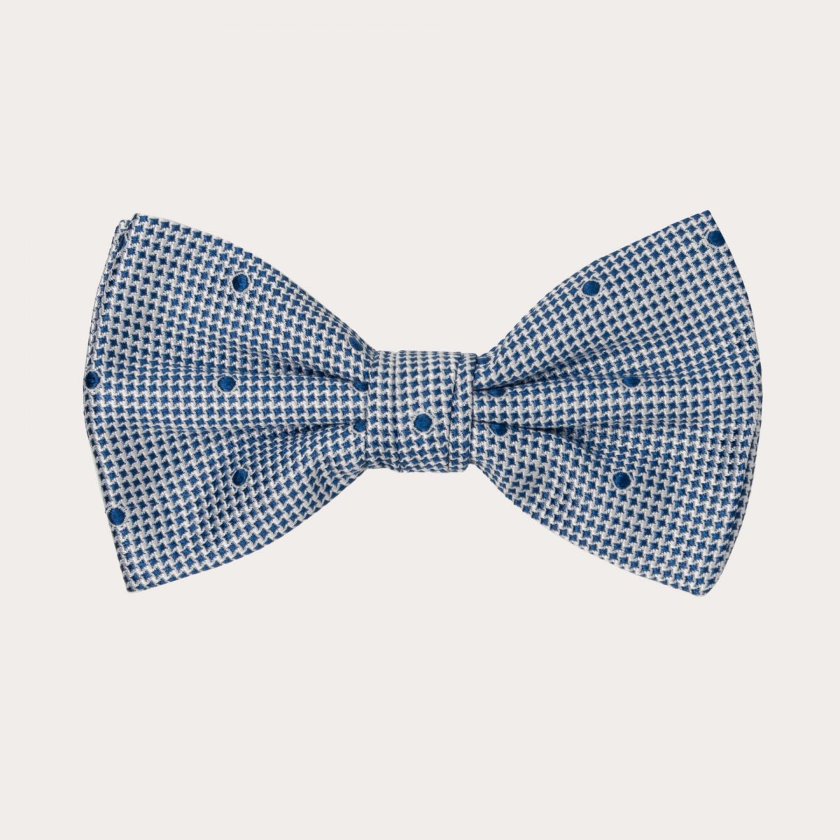 Silk pre-tied bow tie, blue dot and pied de poule